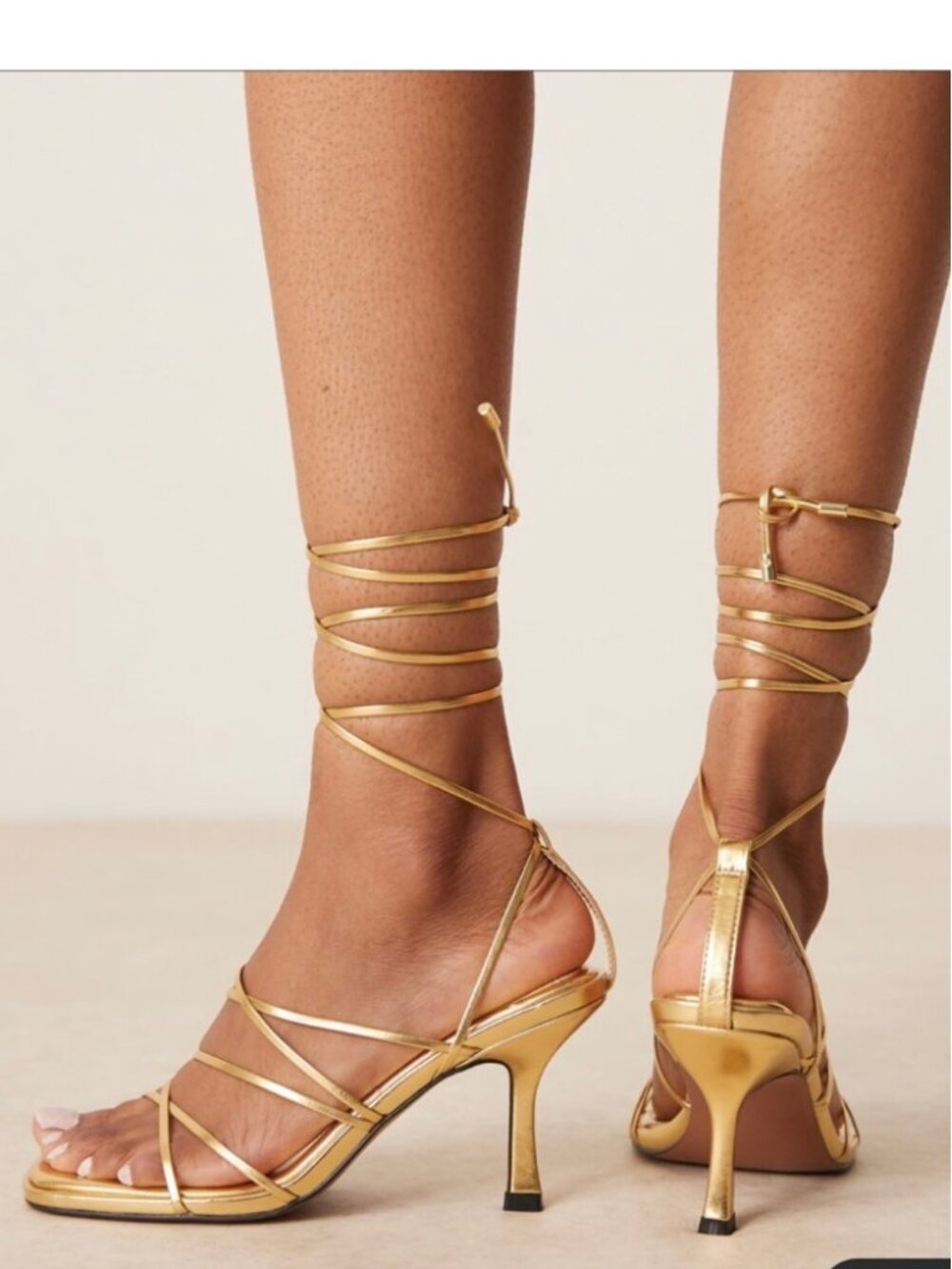 Gorgeous ASOS design Gold Strappy Wrap Tie Leg Mid Heel Sandals Women's 12W Sexy